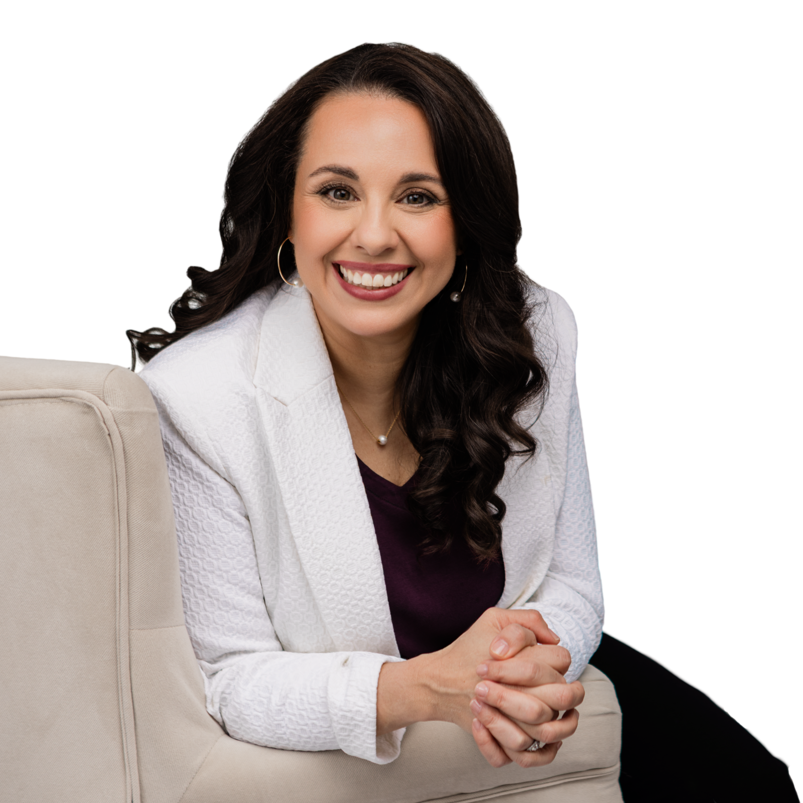 Melissa Transparent Background Request-1 Melisa Berry sitting on armchair in black shirt and white jacket looking back at camera